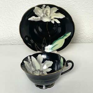 Vintage Wako China Japan Black Floral Porcelain Teacup Saucer Gold Trim 5 oz